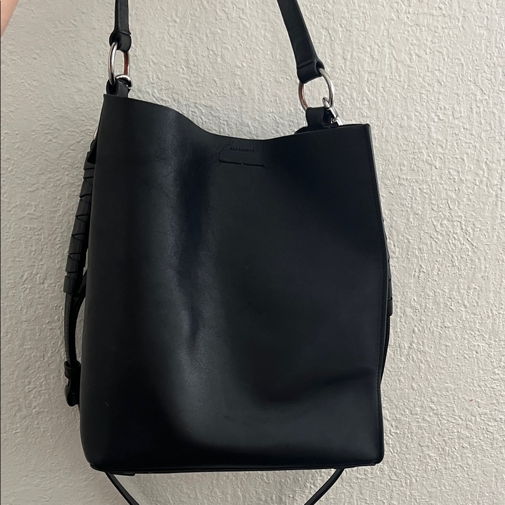 All Saints Black Leather Tote Bag with magnetic closure
